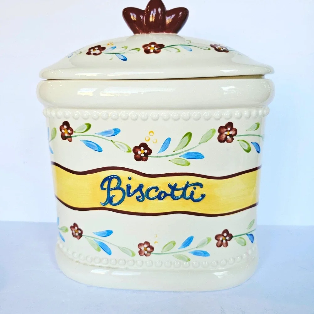 Nonni's Ceramic Biscotti Jar Floral Hand Painted Cookie Canister Farmhouse Decor